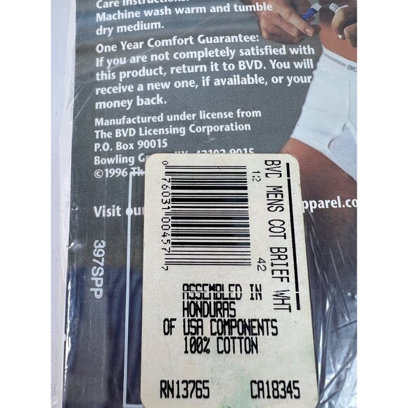 VTG 90s BVD Mens Briefs 3-Pack White Size 42 NOS Deadstock - Picture 3 of 3